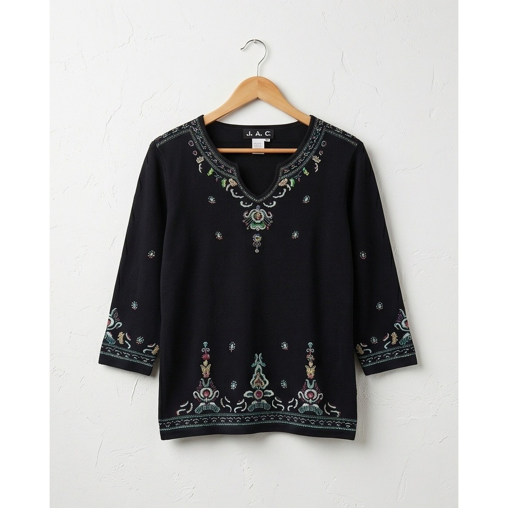 J.A.C. L Black Embroidered Sequin Knit Top‎ 3/4 Sleeve Split Neck Large Goth